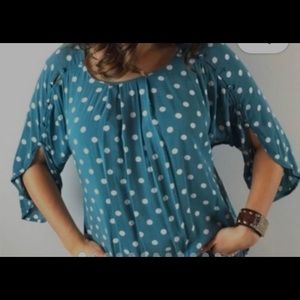 Maeve Anthropologie Blue Polka Dot Button Shoulder Half Sleeve Top- Size Small